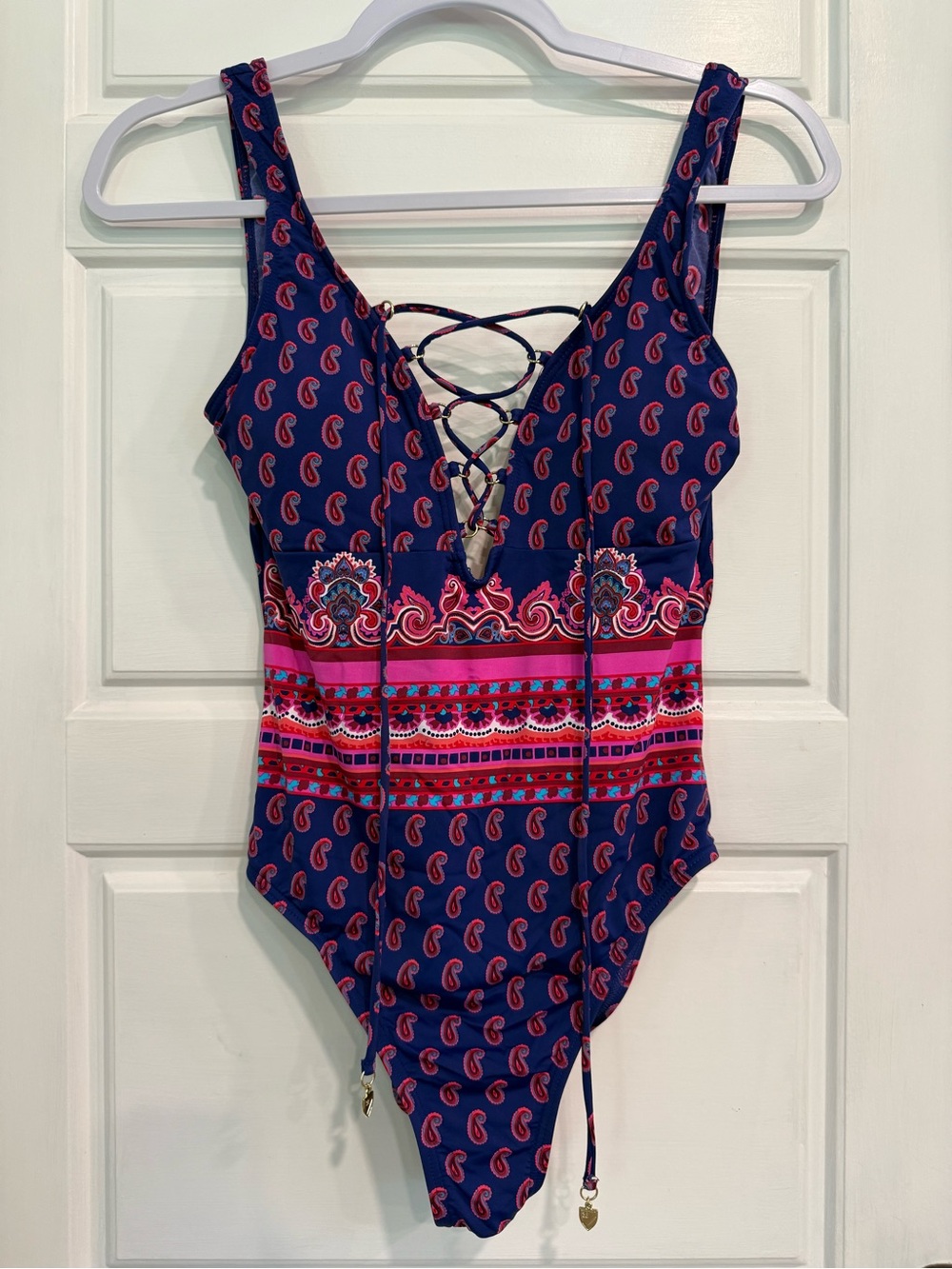 Cremieux One Piece Swimsuit Small Paisley Lace Up Open Back Boho Beach